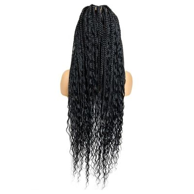 PIB 32" - Single Full Lace Braid Wig Boho Box Braided Wig Square Parted, Knotless Braided Wigs for Black Women, Synthetic Lace Wigs with Natural Baby Hair (1, Jet Black)