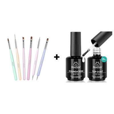 Beetles Gel Polish Nail Art Brushes, 6 Pcs Fingernail Art Design Pens with 2 Pcs 15ml No Wipe Gel Top Coat and Base Coat Set - Shine Finish and Long Lasting, Soak Off