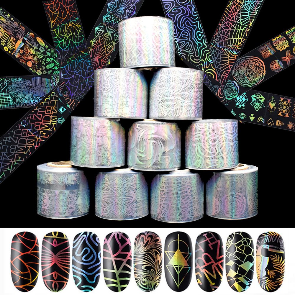 Holographic French Line Nail Foils Transfer Nail Art,10 Roll Wavy Line Fruit Flower Foil Nail Art Stickers Iridescent Nail Foil Transfer Decal Laser Gradient For DIY Manicure Decorations Nail Supplies