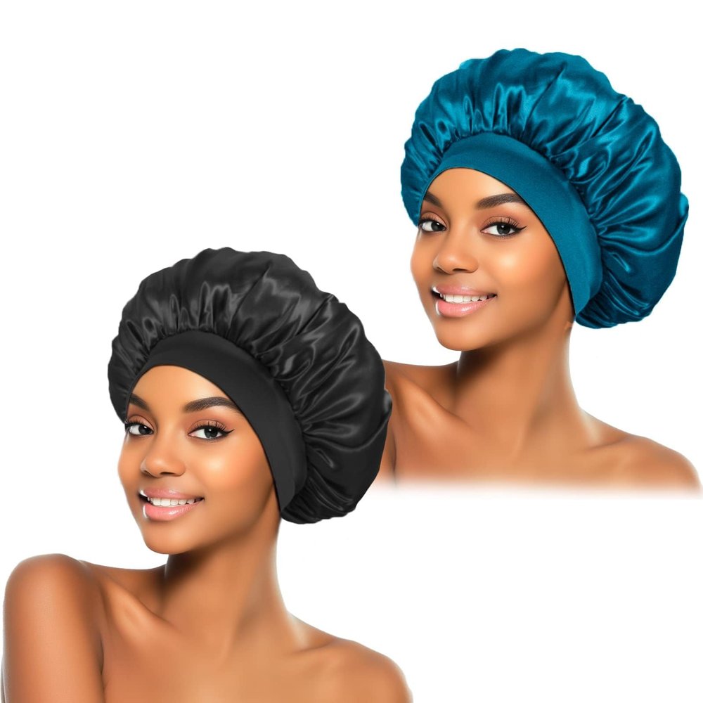 ZHENSILK 2Pcs Silk Bonnet for Sleeping, Satin Hair Bonnets, Soft Elastic Band Silk Sleep Cap, Hair Wrap for Women(Black Peacock Blue)