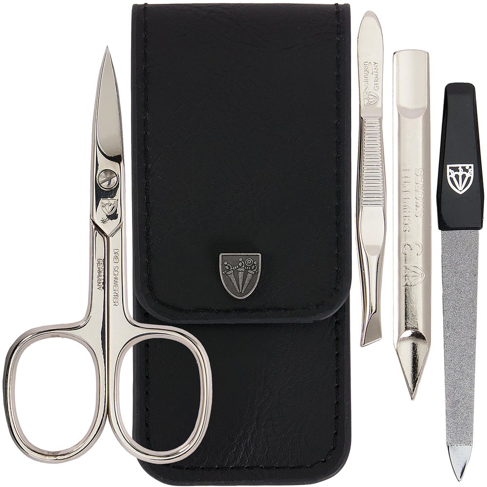 3 Swords Germany - brand quality 3 piece manicure pedicure grooming kit set for professional finger & toe nail care scissors tool genuine leather case in gift box, Made in Solingen Germany (77105)