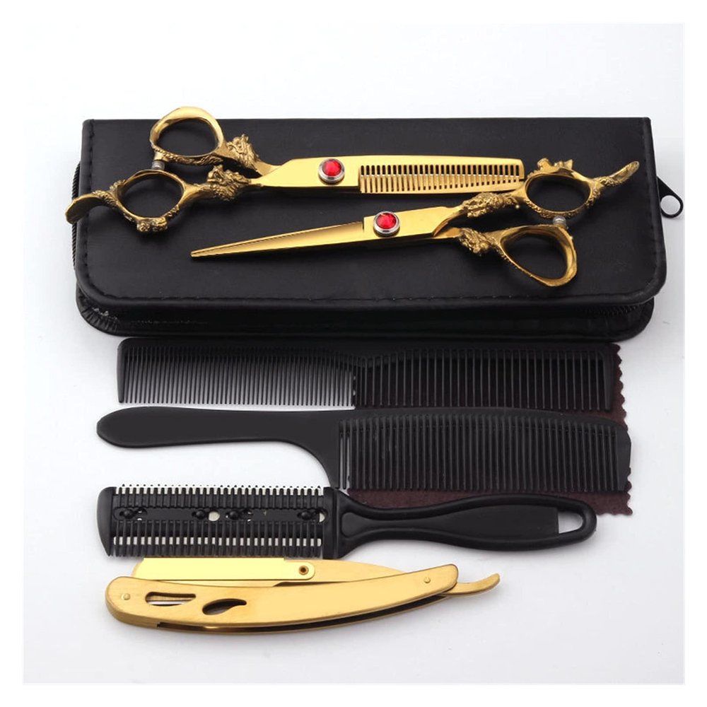 6.0 Inch Golden Hairdressing Tool Set,Scissors,Barber Scissors,Flat Scissors,Bangs Scissors,Tooth Scissors,Thinning Hair Cutting Shears