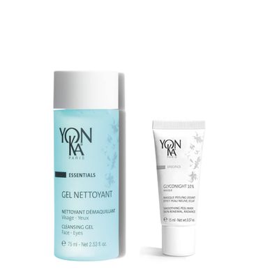 Yon-Ka Travel Size Gel Face Cleanser, Gentle Foaming Face Wash and Makeup Remover with Yon-Ka Glyconight 10% Peel Masque Travel Size | Set of 2, 2.53 fl oz and 0.57 oz