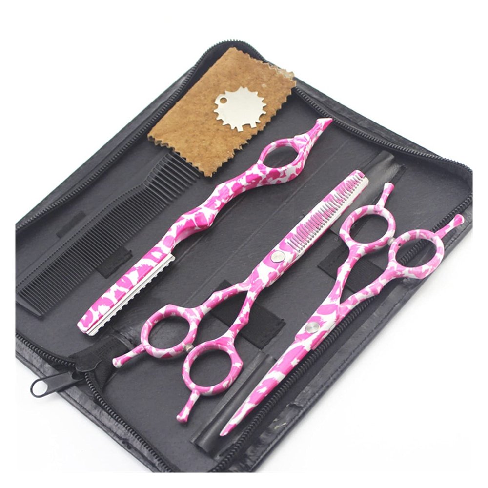 5.5 Inch Pink Leopard Print Hairdressing Scissors JP 440C Barbers Cutting + Thinning + Shaving + Bag Shears Hair Scissors Hair Cutting Shears