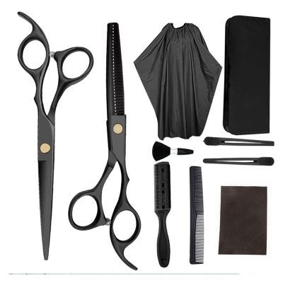 10 Pcs Set Black 6 '' Hair Scissors with Bag Comb Clip Brush Wrap Haircut Thinning Barber Cutting Shears Hairdresser Scissors Hair Cutting Shears