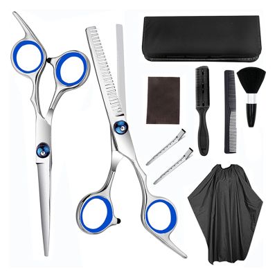 10 Pcs Set Professional 6 '' Hair Scissors with Bag Comb Clip Brush Haircut Thinning Barber Cutting Shears Hairdresser Scissors Hair Cutting Shears(Blue Set)