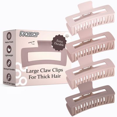 FRAMAR Large Claw Clips For Thick Hair Large Hair Clip For Thick Hair, Big Hair Clips For Women, Claws Clips For Women, Pink Hair Clips, Pink Claw Clip - 4 Pack Non Slip Matte Finish