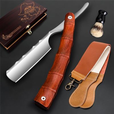 Professional Straight Blade Razor Kit with Strop - Stainless Steel Sharp Shaver Straight Edge Barber Razor for Men Home & Salon Grooming Using (Brown)