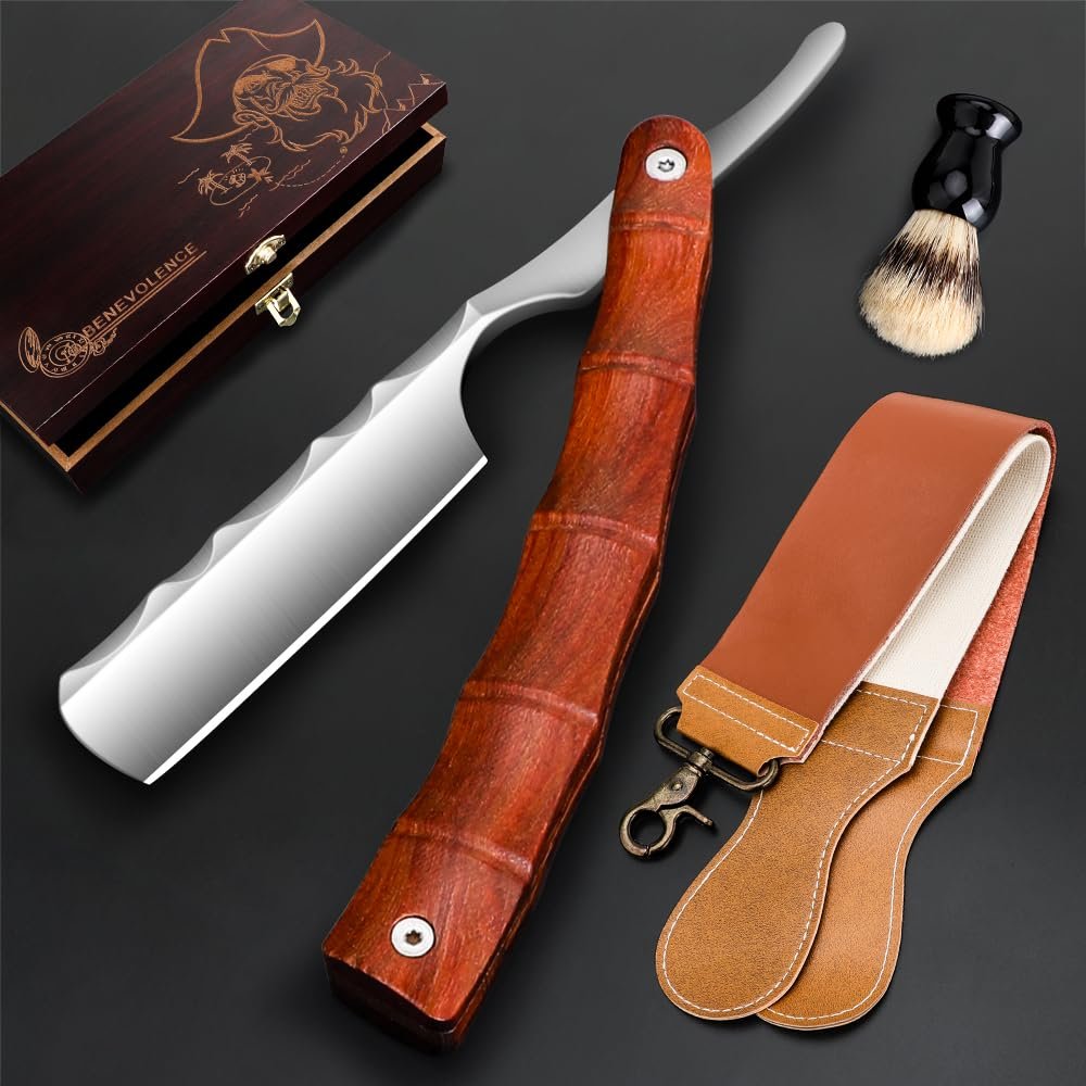 Professional Straight Blade Razor Kit with Strop - Stainless Steel Sharp Shaver Straight Edge Barber Razor for Men Home & Salon Grooming Using (Brown)