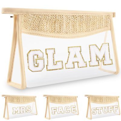 Boho Clear Makeup Letter Patch Makeup Bag GLAM Pouch, Clear Toiletry Bags Travel Small Cute Chenille Letter Cosmetic Zipper Pouch Purse, Transparent PVC Waterproof Make Up Storage for Women Girl(GLAM)