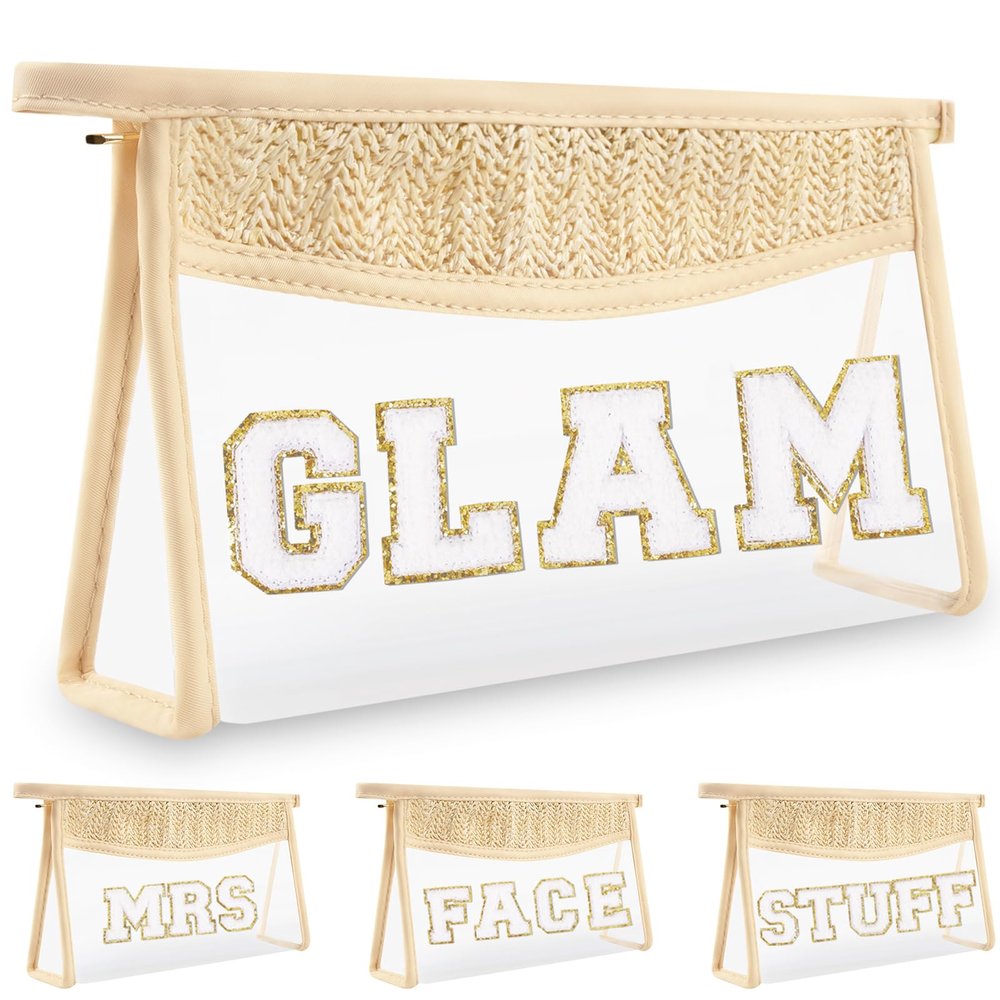 Boho Clear Makeup Letter Patch Makeup Bag GLAM Pouch, Clear Toiletry Bags Travel Small Cute Chenille Letter Cosmetic Zipper Pouch Purse, Transparent PVC Waterproof Make Up Storage for Women Girl(GLAM)