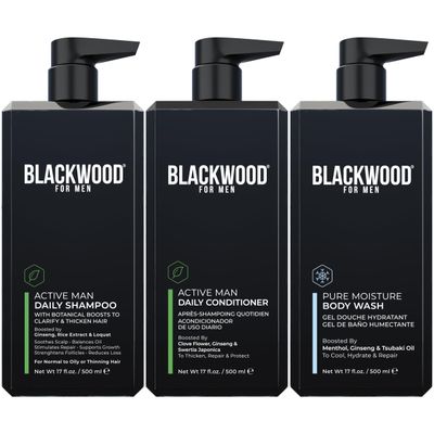 Blackwood For Men Active Man Daily Shampoo (17 Oz), Conditioner (17 Oz), and Pure Moisture Body Wash (17 Oz) Bundle