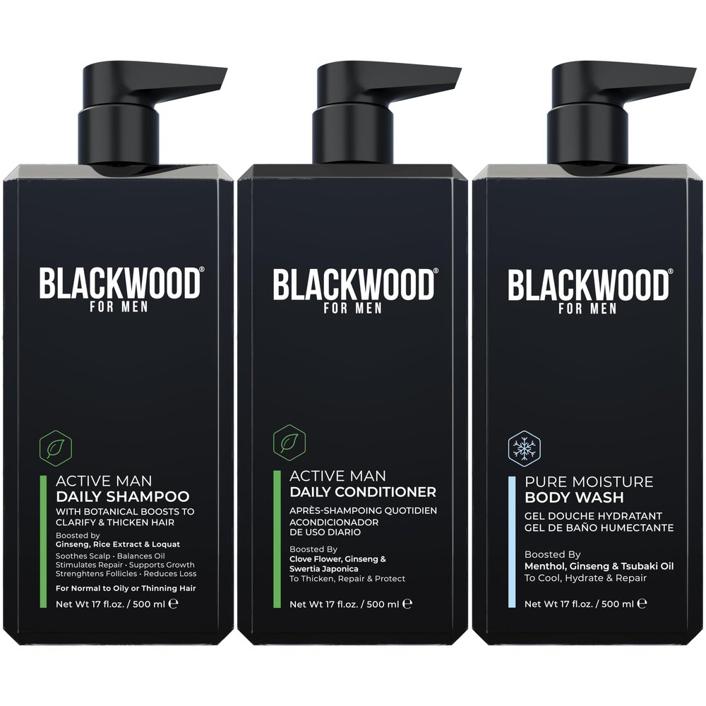 Blackwood For Men Active Man Daily Shampoo (17 Oz), Conditioner (17 Oz), and Pure Moisture Body Wash (17 Oz) Bundle