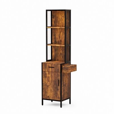 LEADZM Salon Station for Hair Stylist, Wall Mount Barber Stations, Hair Styling Storage Cabinet with 3-Tier Open Shelves,1 Drawer, 1 Cabinet & 3 Hot Tool Holders,Rustic Brown