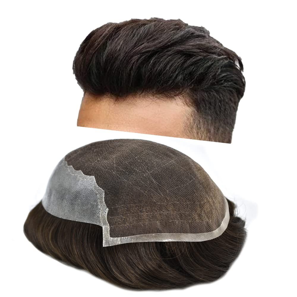 F M FACE MIRACLE NEW YORK Mens Hair System French Lace Front Human Hair Lace Toupee for Men Poly Skin PU Mens Hair Replacement Wig (8"*10", 4# Medium Brown-120% Medium Light to Medium Density)
