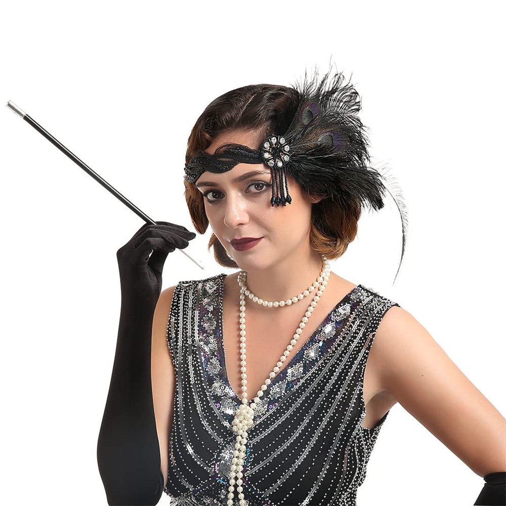 1920S Flapper Feather Headband Beaded Showgirl Headpiece Peacock Feather Elastic Hair Band