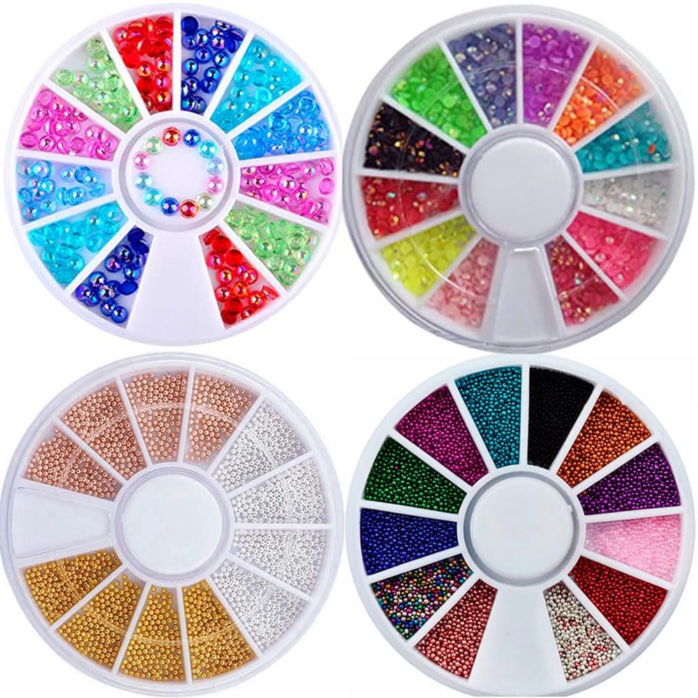 Mesiyun 3D Nail Art Rhinestones Nail Metal Caviar Beads Sparkle Charms Pearls Fashion Nail Art Decorations 4 Wheels