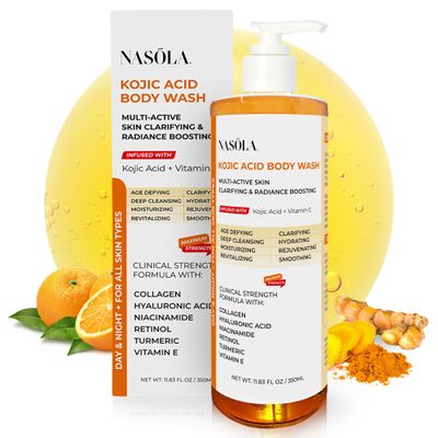 Nasola Kojic Acid Body Wash Turmeric & Vitamin C Brightening Cleanser, Moisturizing Exfoliating Shower Gel for Women & Men 11.8 fl oz