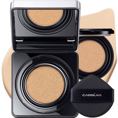CARSLAN Black Magnet Cushion Foundation - Full Buildable Coverage, Moisturizing, Lightweight, 18H Long-Lasting Glow Looking, Refill Included, K02.Ivory White