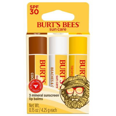 Burts Bees SPF 30 Lip Balm, Island Getaway - Coco Loco, Beaches & Cream, Tropic Like It's Hot, Water-Resistant Sun Care, Natural Origin Lip Treatment, 3 Tubes, 0.15 oz