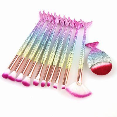 11Pcs Makeup Brushes Set Cosmetic Mermaid Eyebrow Eyeliner Face Lip Pencil Brush l Eye Makeup Brushes Eyeliner Brow Blending Brush Tool (3D colors)