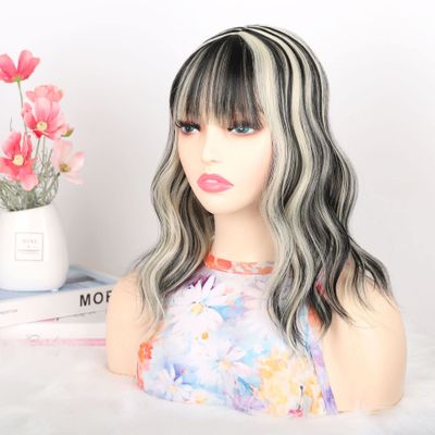 MOONSHOW Loose Water Wavy Hairpiece Curly Wavy Hair Topper Hairpieces with Bangs for Women Synthetic Hair Topper With Choppy Bangs Clip in Hair Topper for Thinning Hair Synthetic Hair Extension (33#)