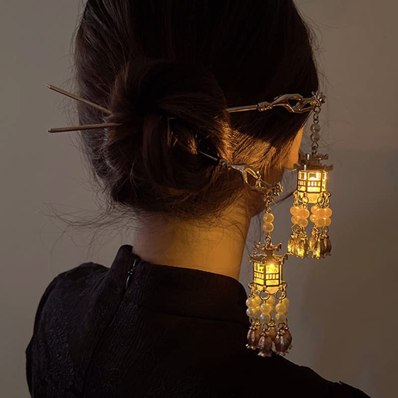 2 pack Chinese Lantern Hairpin Clips Gold Color Metal Hair Sticks Forks with Light Women Girls Pendant Jewelry for Hanfu Dress