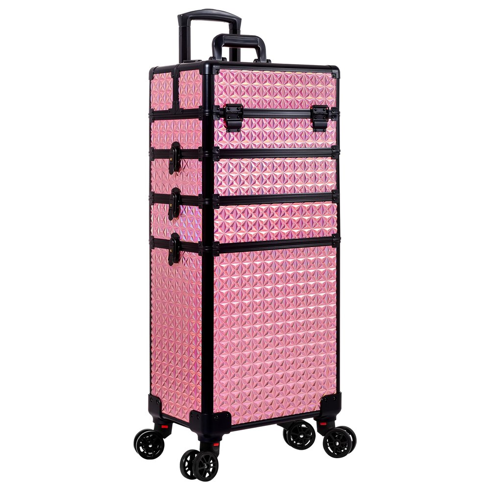 AROUS 5 in 1 Rolling Makeup Train Case Cosmetology Case on Wheels Large Cosmetic Organizer Travel Cart for Hairstylist Artist Nail Beauty Salon Barber,Pink