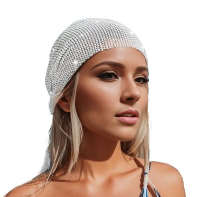 Munyee Hua White Rhinestone Head Scarf for Women Bling Sparkly Hijab Stretchy Rave Turban Hat Handmade Rave Headband Crystal Mesh Cap Hair Snood Nets Vintage Dress Concert Headpiece (White)