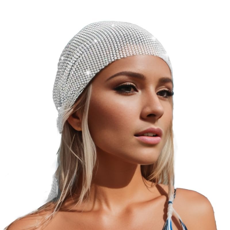 Munyee Hua White Rhinestone Head Scarf for Women Bling Sparkly Hijab Stretchy Rave Turban Hat Handmade Rave Headband Crystal Mesh Cap Hair Snood Nets Vintage Dress Concert Headpiece (White)