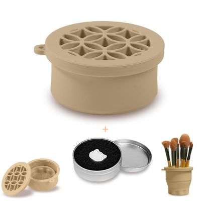 Iborrys Makeup Brush Silicone Cleaning cup - Portable Foldable Silicone Makeup Brush Holder,Bottom-Embedded Makeup Brush Cleaning Mat & Makeup brush cleaner and dryer 2-in-1 Design (Khaki)