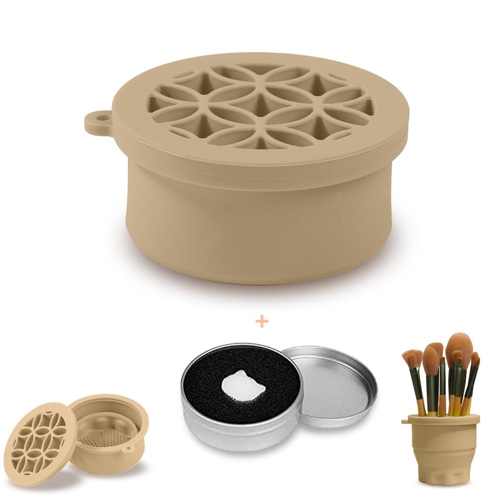 Iborrys Makeup Brush Silicone Cleaning cup - Portable Foldable Silicone Makeup Brush Holder,Bottom-Embedded Makeup Brush Cleaning Mat & Makeup brush cleaner and dryer 2-in-1 Design (Khaki)