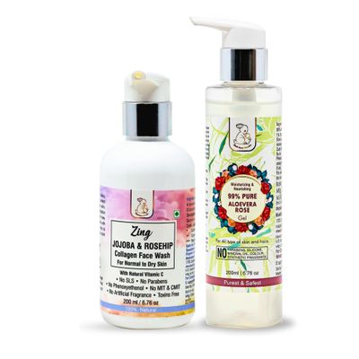 Blush Bunny Organics Combo Pack Zing Collagen Face wash for Dry to Normal Skin with 99% Pure Aloe Vera Rose Gel for All Type of Skins & Hairs