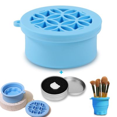 Iborrys Makeup Brush Silicone Cleaning cup & Silicone Makeup Brush Holder 2 in 1, Portable Foldable silicone Makeup brush Cleaning Mat with Holder for Storage&Air Dry Brushes (Blue)
