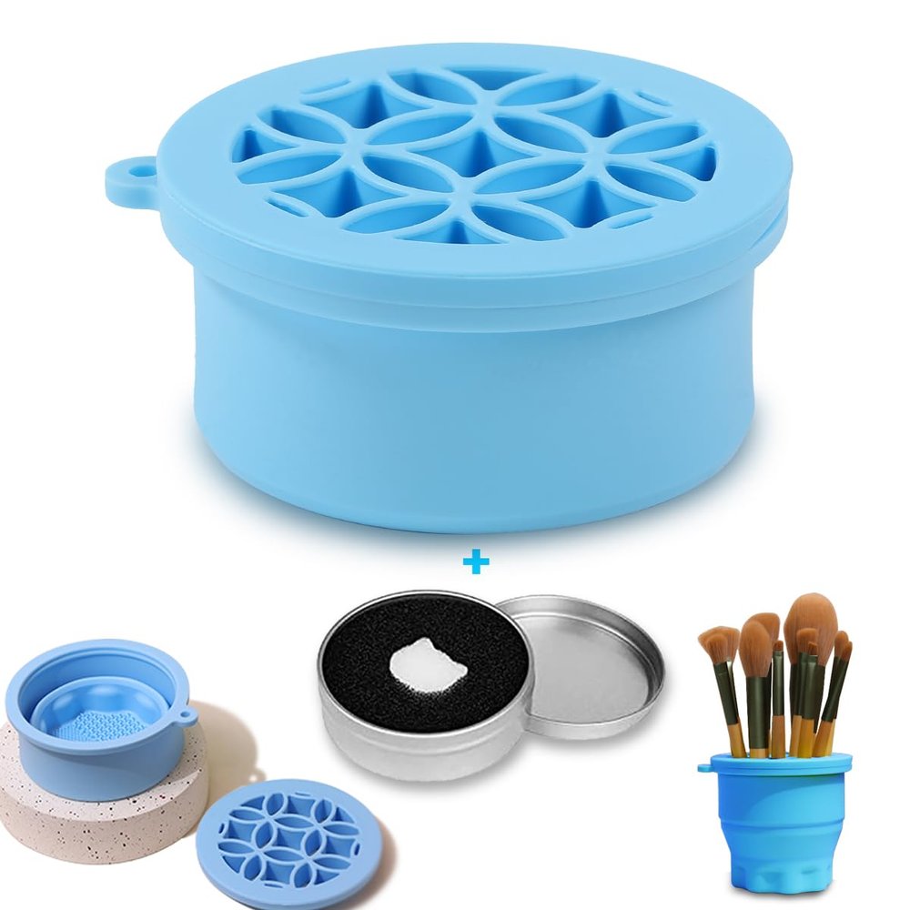 Iborrys Makeup Brush Silicone Cleaning cup & Silicone Makeup Brush Holder 2 in 1, Portable Foldable silicone Makeup brush Cleaning Mat with Holder for Storage&Air Dry Brushes (Blue)