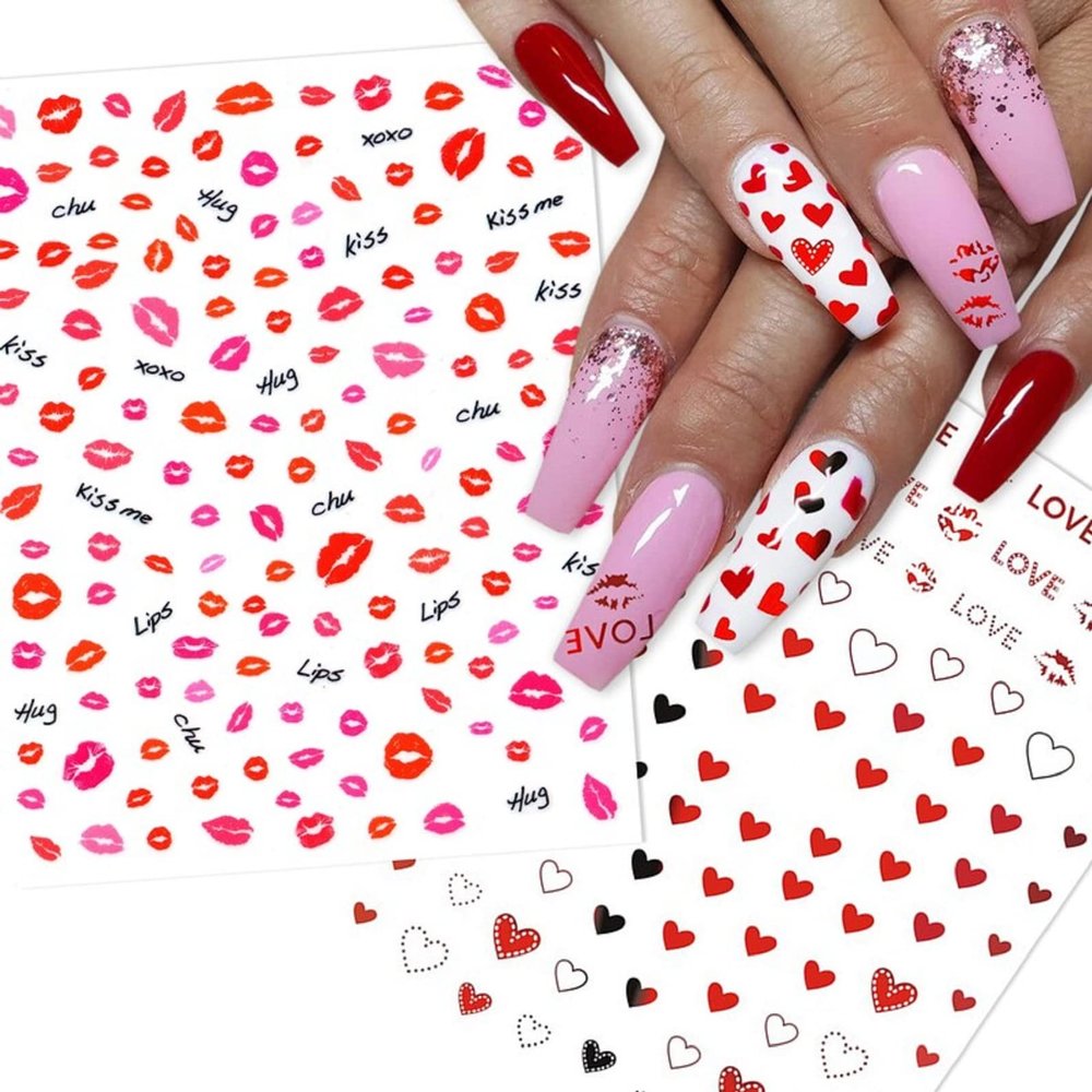 Valentine Girl Love Nail Art Stickers, Cute Kisses Red Heart Nail Decals, Self Adhesive Stickers for Immediate Nail Decoration, ACH Sticker Measures Approximately 3.5 x 5inch.