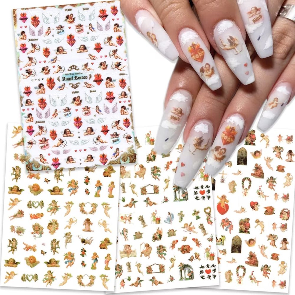 4 Sheets Baby Angels Nail Art Stickers, Love Bow Valentine Nail Art, Self Adhesive Nail Decals, Each Sticker Measures Approximately 3.5 x 5inch.
