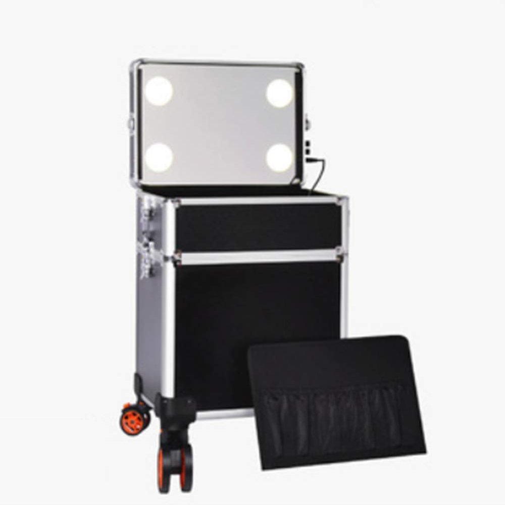 4 in 1 Rolling Makeup Artist Trolley Travel Cosmetic Removable Wheels With LED light 10 level lift dimming Professional Artist Box,Black,36x25x64cm (Black 36x25x54cm)