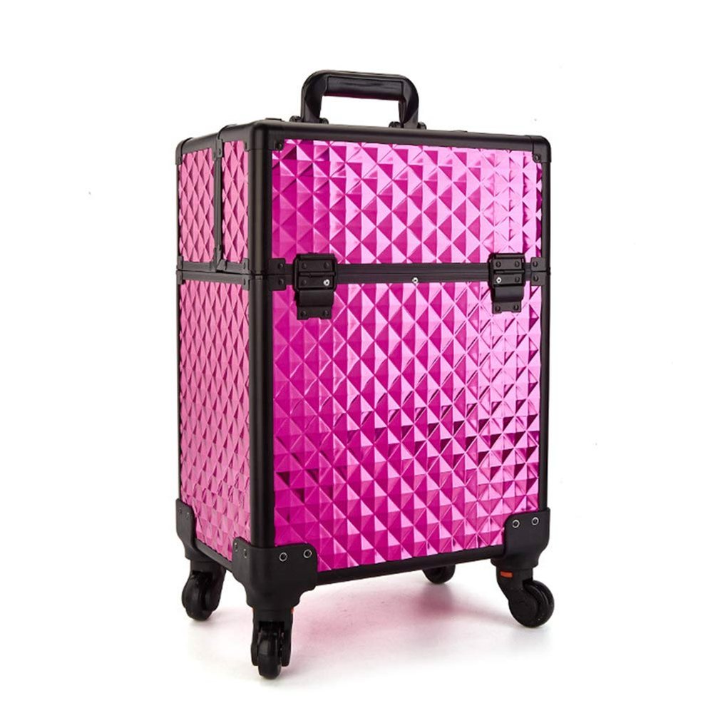 Aluminum Alloy Cosmetic Case Trolley with Wheel Beauty Vanity Case Salon Toolbox Multi-Layer Nail Storage Box (rosered)