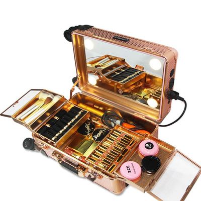 2 in 1 Rolling Makeup Artist Trolley Travel Cosmetic Removable Wheels With LED light dimming Professional Artist Box,White,29x22.5x40cm (Gold 29x22.5x40cm)