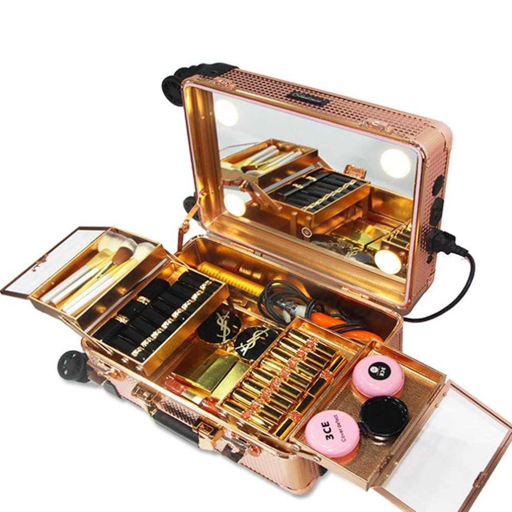 2 in 1 Rolling Makeup Artist Trolley Travel Cosmetic Removable Wheels With LED light dimming Professional Artist Box,White,29x22.5x40cm (Gold 29x22.5x40cm)