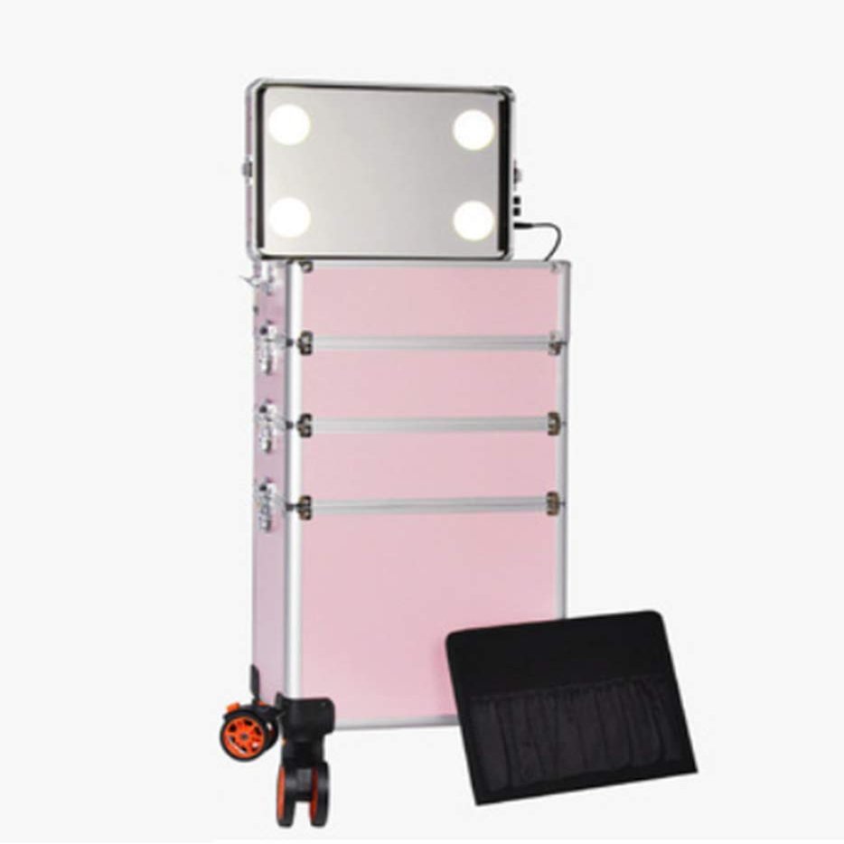 4 in 1 Rolling Makeup Artist Trolley Travel Cosmetic Removable Wheels With LED light 10 level lift dimming Professional Artist Box,36x25x64cm (Black 36x25x74cm)