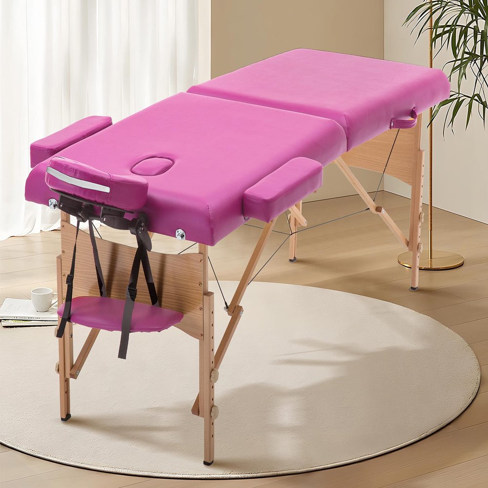 2 Section Foldable Massage Table, Height Adjustable Portable Massage Table Lash Bed Massage Bed with Carrying Bag Face Cradle Armrest & Hand Pallet, Lightweight Wooden Frame Massage Tables, PINK