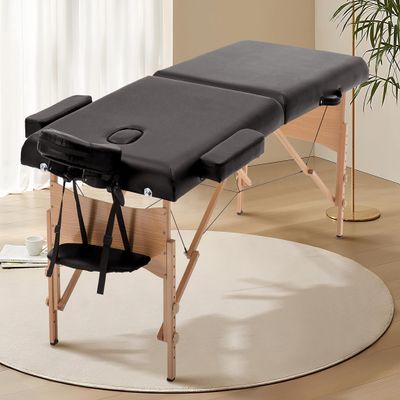 2 Section Foldable Massage Table, Height Adjustable Portable Massage Table Lash Bed Massage Bed with Carrying Bag Face Cradle Armrest & Hand Pallet, Lightweight Wooden Frame Massage Tables, BLACK