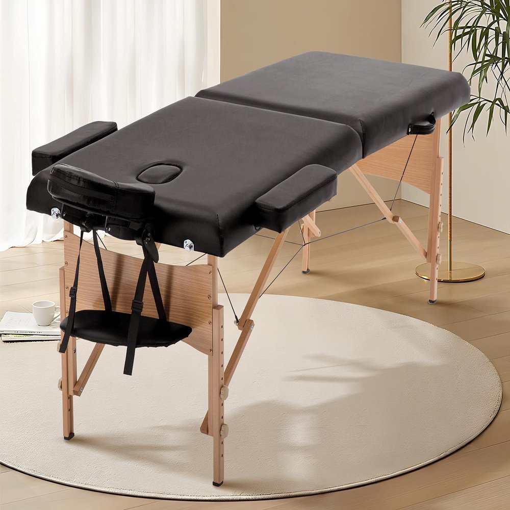 2 Section Foldable Massage Table, Height Adjustable Portable Massage Table Lash Bed Massage Bed with Carrying Bag Face Cradle Armrest & Hand Pallet, Lightweight Wooden Frame Massage Tables, BLACK