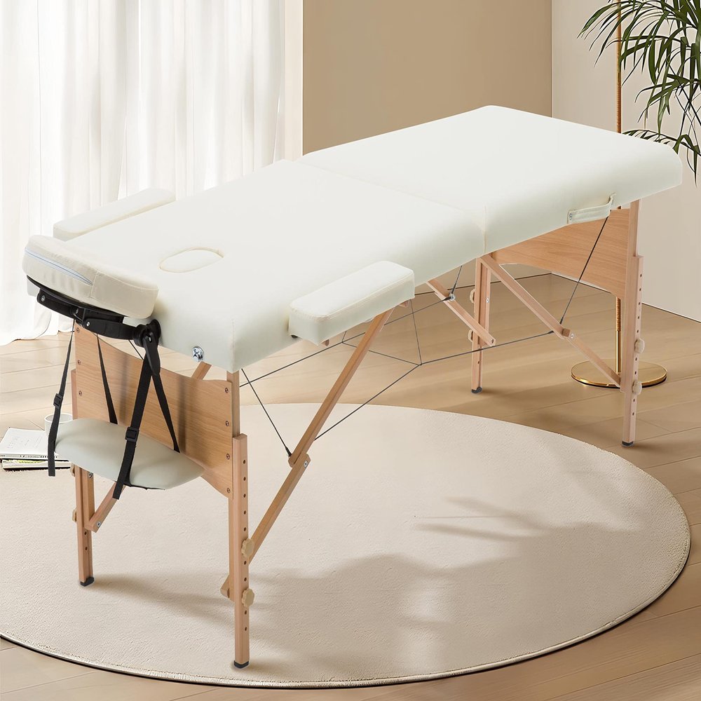 2 Section Foldable Massage Table, Height Adjustable Portable Massage Table Lash Bed Massage Bed with Carrying Bag Face Cradle Armrest & Hand Pallet, Lightweight Wooden Frame Massage Tables, CREAM