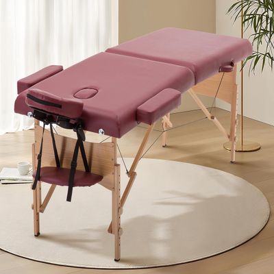 2 Section Foldable Massage Table, Height Adjustable Portable Massage Table Lash Bed Massage Bed with Carrying Bag Face Cradle Armrest & Hand Pallet, Lightweight Wooden Frame Massage Tables, BURGUNDY