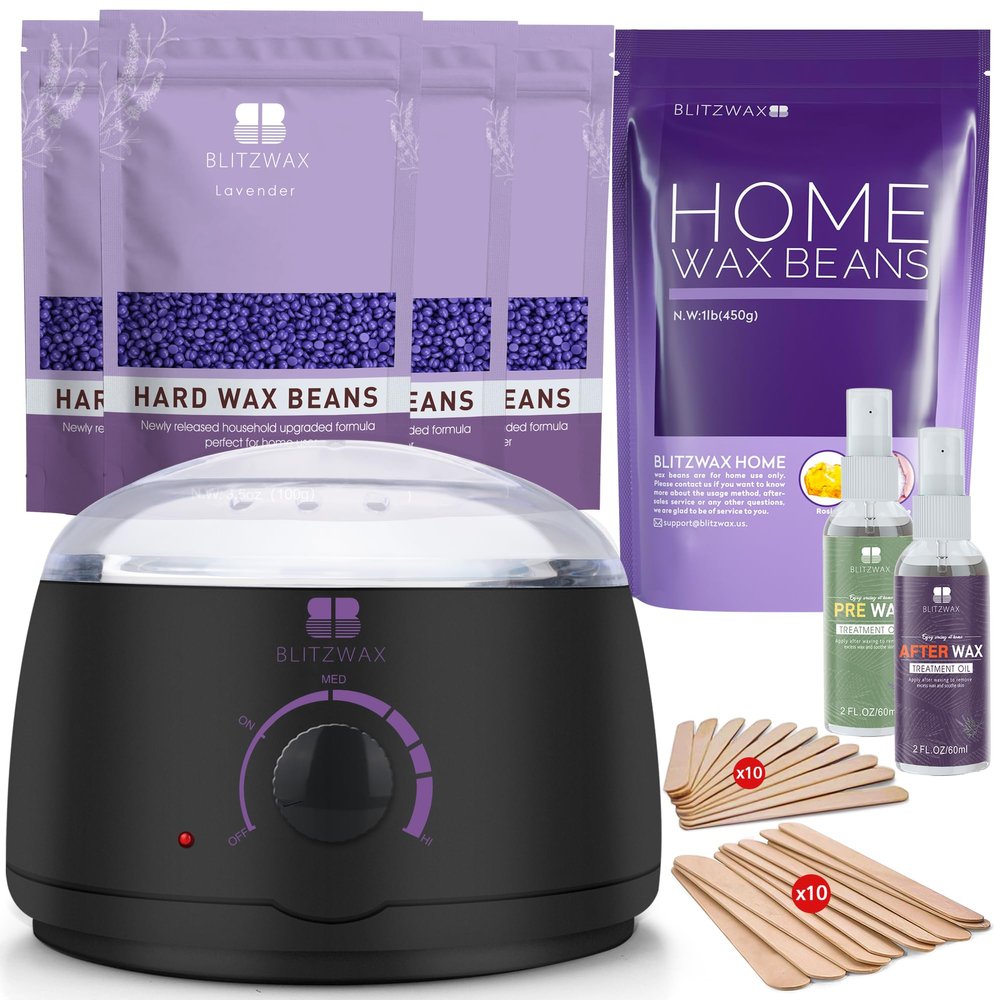 BLITZWAX Wax Warmer Hair Removal Waxing Kit with 1lb Lavender Wax Beads for Sensitive Skin/Body/Face/Bikini/Leg/Brazilian, 29 Items Wax Kit and Hard Wax Beans Refill Ideal for Women Men at Home Salon