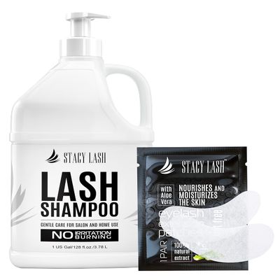 STACY LASH Eyelash Extension Shampoo 1US Gal & 100 Pairs Set Under Eye Gel Pads/Eyelid Foaming Cleanser/Safe Makeup & Mascara Remover/Lint Free Patches/Professional Supplies and Beauty Tools