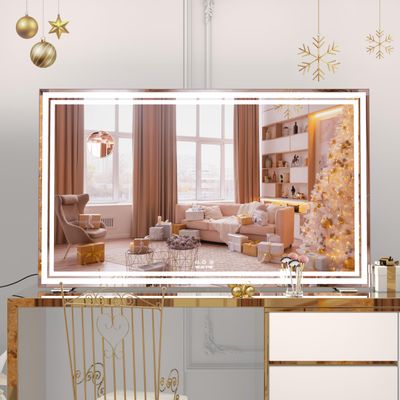 BEAUTME Vanity Mirror,40x24.3 Inch, Hollywood Mirror with Double Led Strips,Makeup Mirror for Dressing Room & Bedroom, Desktop Mirror/Wall Mounted Mirror 1.8M Charger Cable,Aluminium Frame,Silver